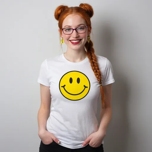 Prompt: 25-year-old woman, green eyes. cover with dark freckle. long ginger hair ginger in a French braid. wearing lipstick red. broad rimmed eyeglasses purple

the is  woman wearing a white t-shirt. 

the  t-shirt has a yellow smiley face with two eyes and a smile on it's face, with a black outline, Dave Gibbons, naive art, smile, a digital rendering

 the woman is wearing  earrings.

the earrings has a yellow smiley face with two eyes and a smile on it's face, with a black outline, Dave Gibbons, naive art, smile, a digital rendering







