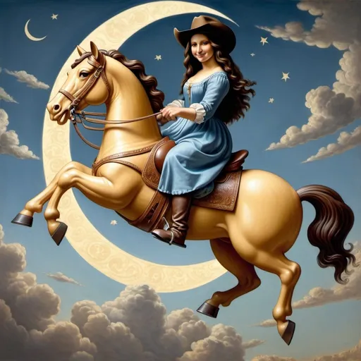 Prompt: Mona Lisa wearing cowboy hat riding a rocking horse that is jumping over the Moon.