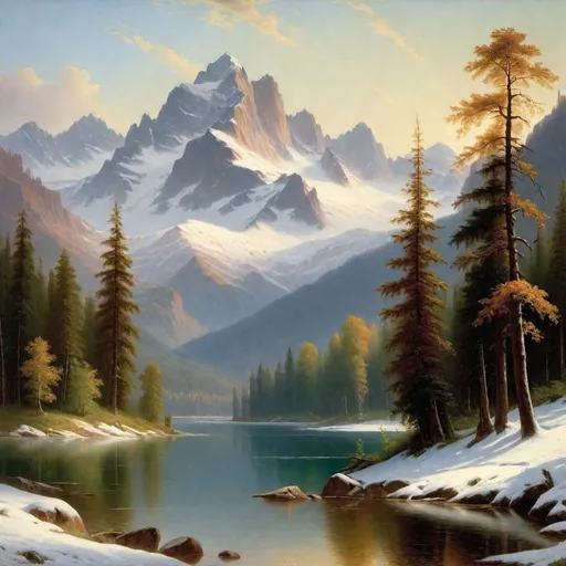 Prompt: a mountain range with a lake surrounded by trees and snow capped mountains in the background with a 
Albert Bierstadt, 
naturalism, 
oil painting, 
painting,
