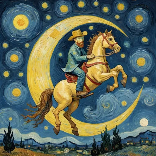 Prompt: a Vincent van Gogh  wearing a cowboy hat  riding a "rocking horse" that is jumping over the Moon.  in  "The Starry Night" by Vincent van Gogh