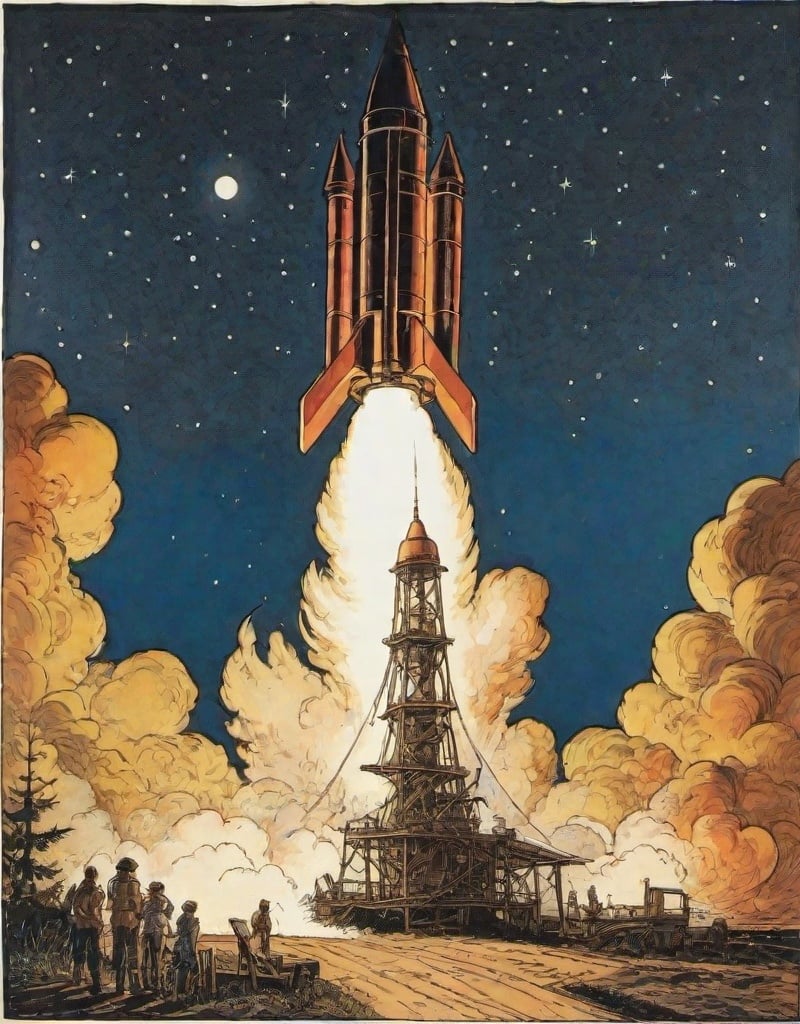 Prompt: a  wood cut printof a rocket is being launched on a clear night with fire andsmoke billowing out of it's back end,
Ernest Briggs, 
hurufiyya, 
michael kaluta,
wood cut print

