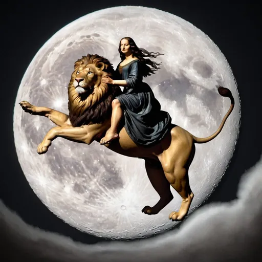 Prompt: Mona Lisa riding a Lion as it is flying over the Moon.