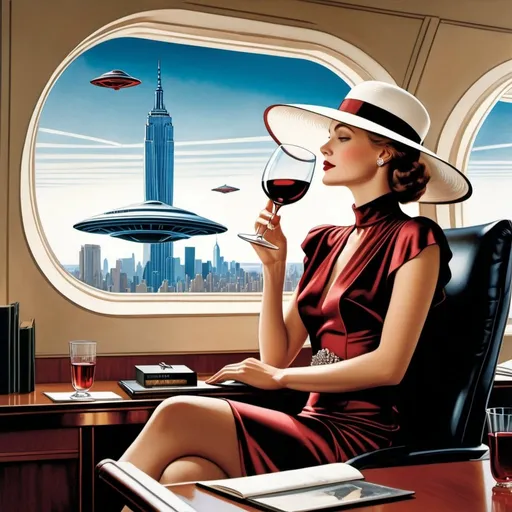 Prompt: a 21-year-old woman in a long flower print Empire Dress with a high neck line and white hat sitting at desk high rise office with a  window with a hat on her head drinking a glass of red wine,  and (( UFOs attacking New York City))  in the background with a window, Annie Leibovitz, precisionism, promotional image, an art deco painting  