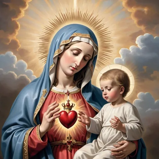 Prompt: a painting of Virgin Mary with her  immaculate Heart holding  the child  Jesus with his Sacred Heart, in her arms with clouds behind him and sunbursts in the background,  gothic art, m, a picture


O Jesus, through the Immaculate Heart of Mary,

I offer you my prayers, works, joys, and sufferings of this day

for all the intentions of your Sacred Heart

in union with the Holy Sacrifice of the Mass throughout the world,

for the salvation of souls, the reparation of sins, the reunion of all Christians,

and in particular for the intentions of the Holy Father this month.

Amen.