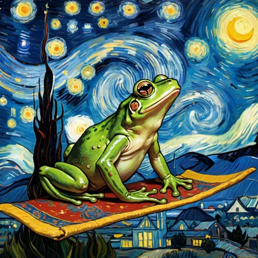 Prompt: a frog  flying on a "magic carpet" in "The Starry Night" by Vincent van Gogh