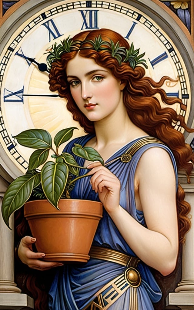 Prompt: a painting of a woman holding a potted plant in front of a clock face with roman numerals, Evelyn De Morgan, pre-raphaelitism, pre - raphaelite, an art deco painting