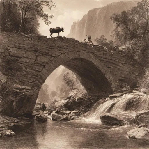 Prompt: <mymodel> a drawing of a troll blocking a goat from crossing a log bridge. the troll is standing on a rock in river bed under the bridge, troll 's torso under the bridge. troll 's neck is even with troll 's hands is on the bridge, the troll 's nose is blocking the bridge the bridge, troll 's head is over the bridge. 