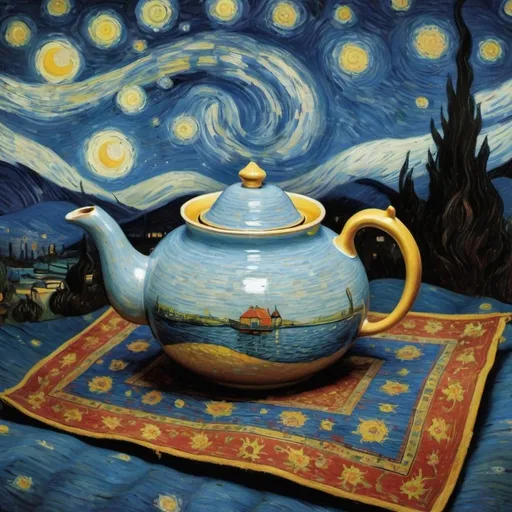 Prompt: a "smiling teapot"  flying on a "magic carpet" in "The Starry Night" by Vincent van Gogh