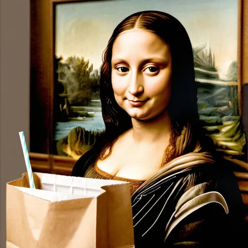 Prompt: Mona Lisa smiled while sipping from a bottle in a brown paper bag through a straw.
