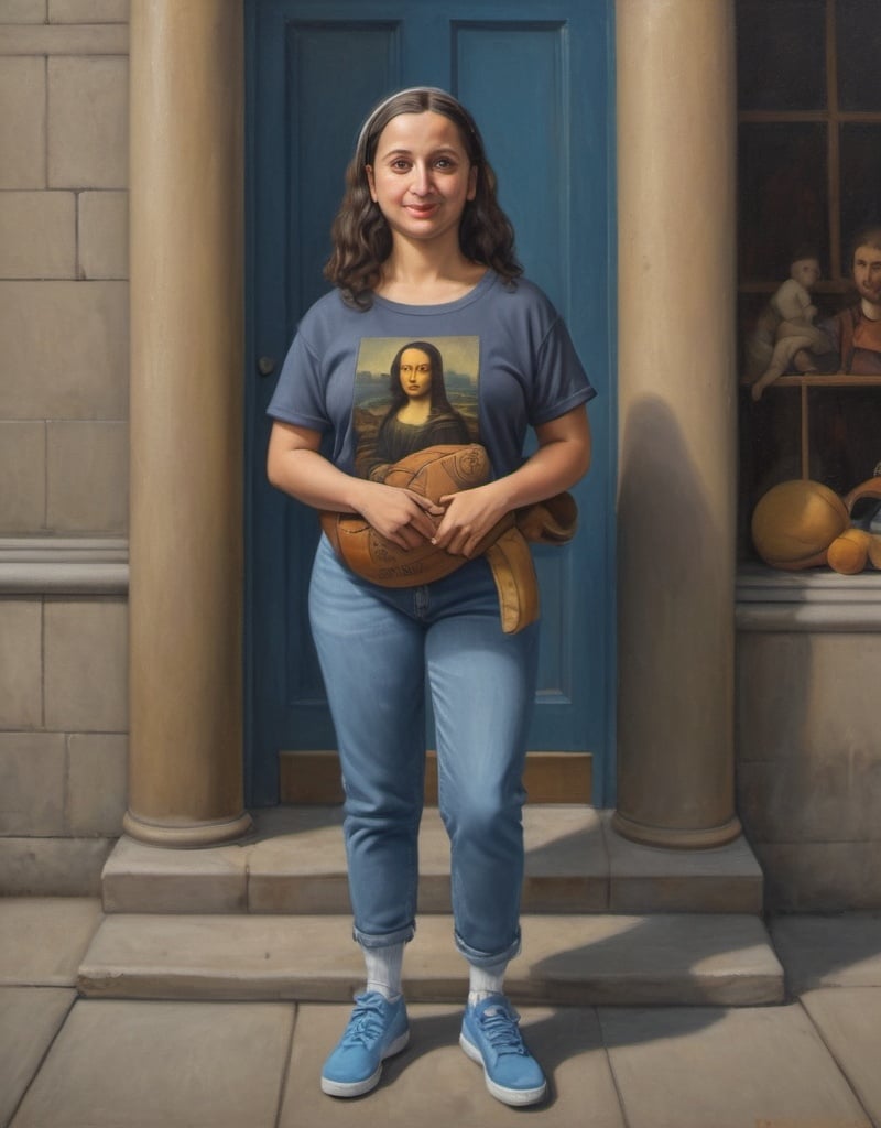 Prompt: a full-length portrait painting,
Mona Lisa,
standing on the sidewalk outside the 	Globe Theatre, 
smiley-face  t-shirt, 
long blue jean,
blue tennis shoes,
academic art, renaissance oil painting