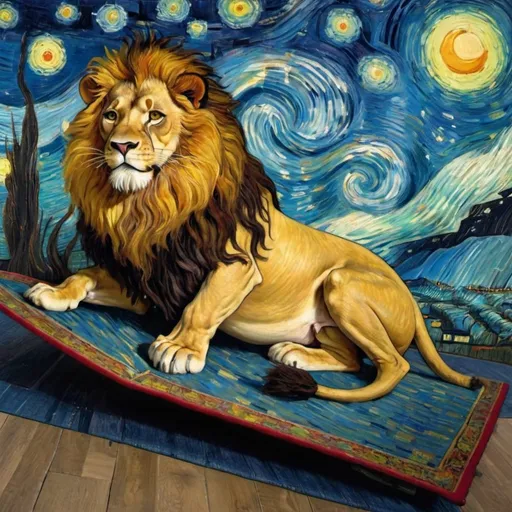 Prompt: a Lion sitting on a " flying magic carpet" in "The Starry Night" by Vincent van Gogh