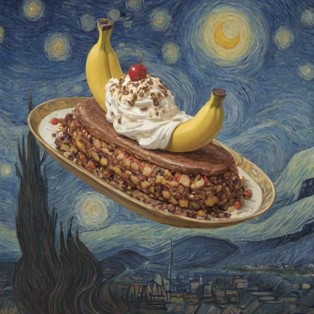 Prompt: A "banana split" flying on a "magic carpet" in "The Starry Night" by Vincent van Gogh