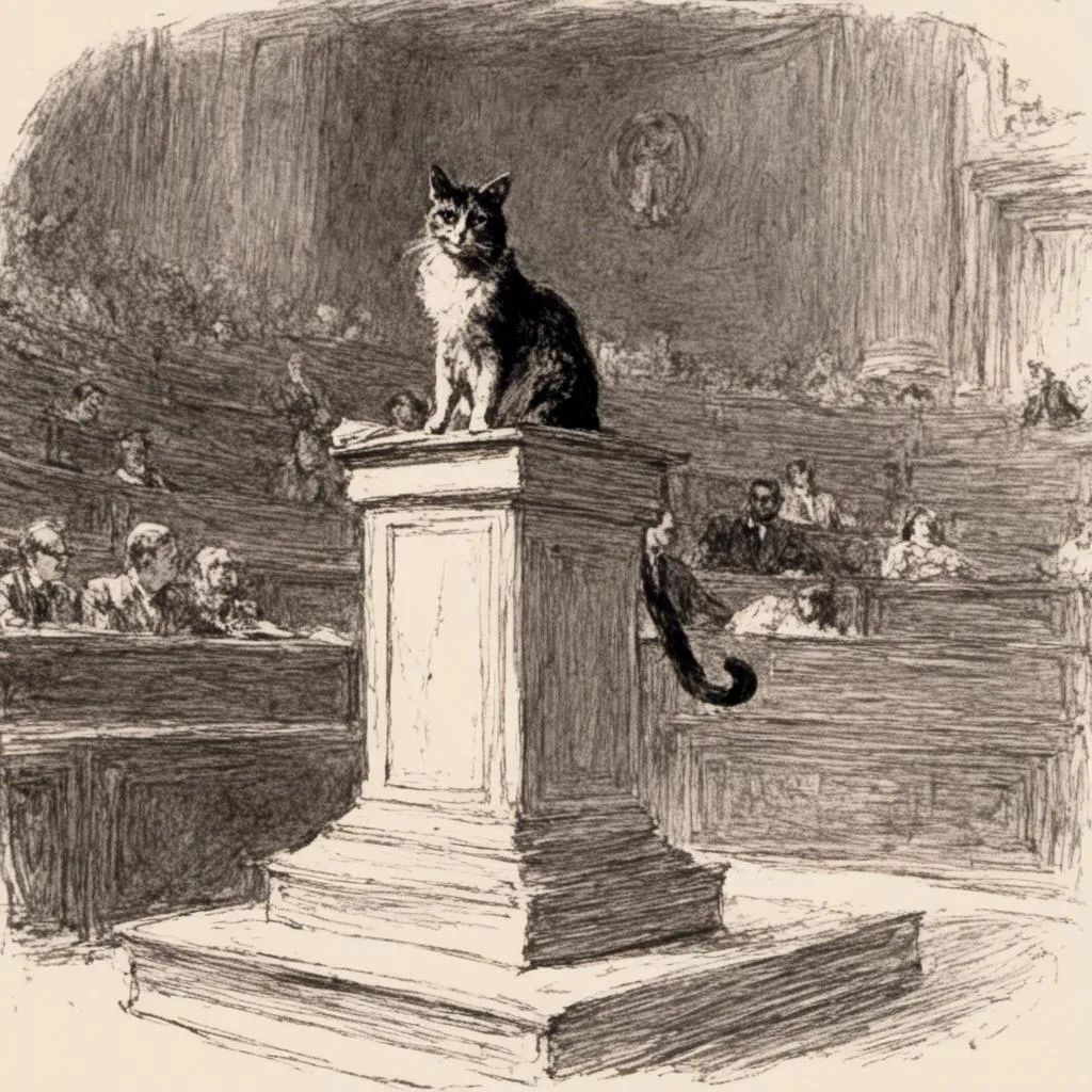 Prompt: <mymodel> "draw a cat sitting on a legislative  podium in  the well of  a legislative chamber during a legislative session."