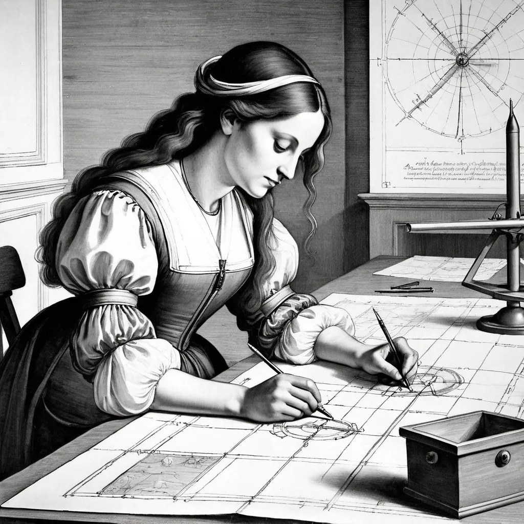 Prompt: painting of a woman drawing a blueprint as she is working as  an Aerospace Engineer designing a rocket in an office ,Renaissance, Leonardo da Vinci,