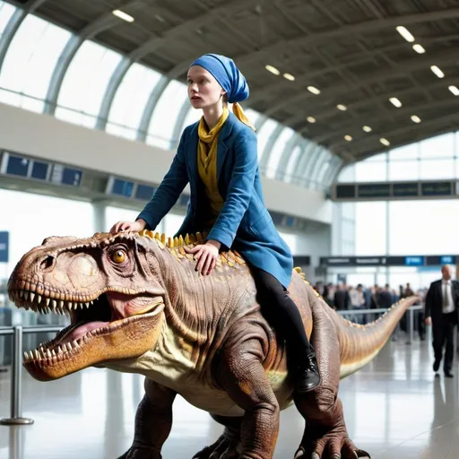 Prompt: "the girl with the pearl earring" riding a   tyrannosaurus in  an airport