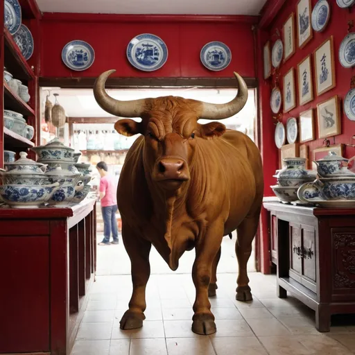 Prompt: bull in a china shop