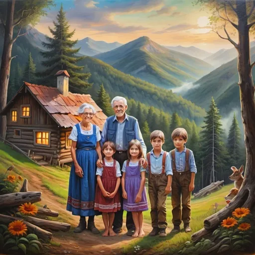 Prompt: Grandmother and the grandfather and four grandchildren in a painting on a homestead on the side of a mountain in a mystical forest 3 boys a girl 
