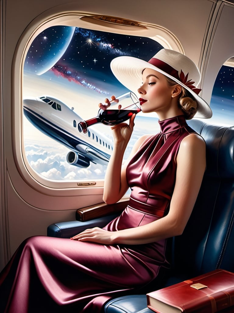 Prompt: a 21-year-old woman in a long flower print Empire Dress with a high neck line and white hat sitting on an airplane seat with a hat on her head drinking red wine,  and the Andromeda Galaxy  in the background with a window, Annie Leibovitz, precisionism, promotional image, an art deco painting  drinking red wine,