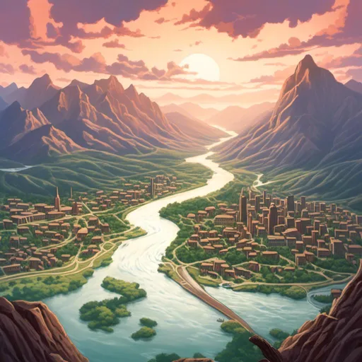 Prompt: <mymodel>  image of a city with a river running through it and mountains in the background with a river running through it, 