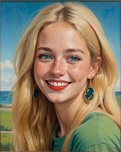 Prompt: a full-length portrait painting,
27 year-old  woman,
cover with dark freckle,
blue eyes,
long blonde hair,
red lipstick,
a smile on her face, 
black-smiley-face- ON-gold-earrings,  
smiley-face-T-shirt, 
with a green background and a blue sky,
1970s oil painting,
