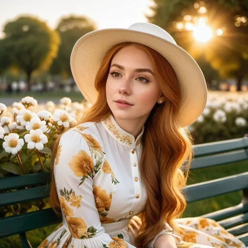 Prompt: beautiful 25-year-old woman sitting on a park bench.
long  hair ginger in a French braid.
a white hat. 
wide angle view, 
full depth of field, 
beautiful, 
high resolution, 
realistic, 
detailed hair,
beautiful atmosphere, 
golden hour lighting, 
misty colors
majestic long cotton flower print Empire Dress with a high neck line, 
natural beauty,
portrait painting, 
professional quality, 
sunrise,
white hat, 
majestic flower print , 
realistic, 
detailed hair,
serene atmosphere, 
wide angle view, 
full depth of field, 
beautiful, high resolution, 
golden hour lighting, 
majestic  long cotton flower print Empire Dress with a high neck line, 
natural beauty.