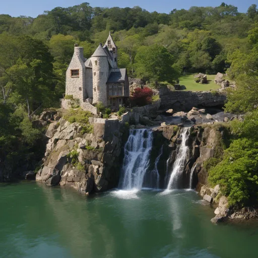 Prompt: <mymodel> Castle by the Sea, House by a lake, WaterFall