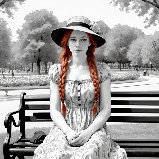 Prompt: an unsatisfactory done sketch of a woman with long red hair in French braid sitting on a bench in a park wearing a hat and dress with flowers, stickman art quality, 