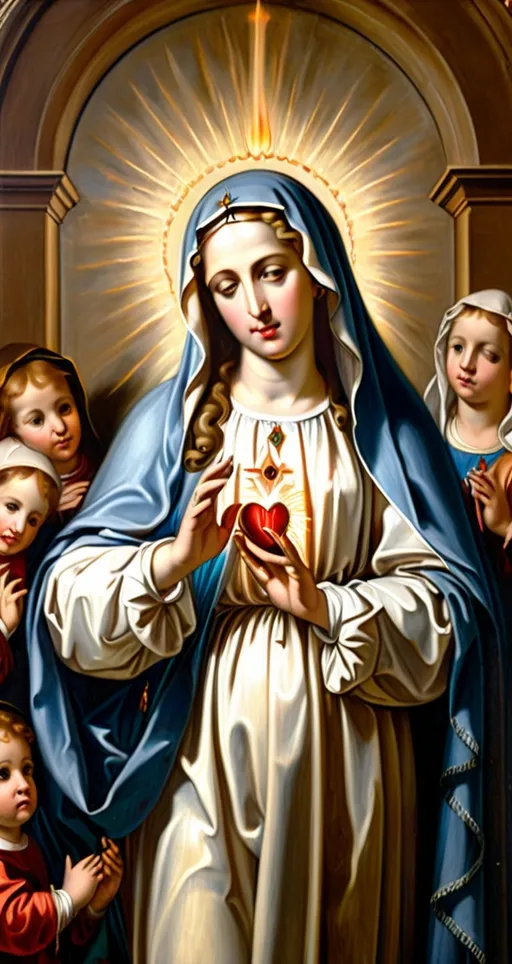 Prompt: a painting of  the doorway  of a 1st century Jewish home standing  alone by herself  the  Virgin Mary is  touching  her flaming immaculate heart,  Anne Said, gothic art, renaissance oil painting, a flemish Baroque

