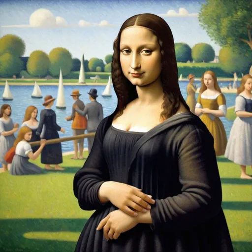 Prompt: "Mona Lisa" walking in  th background of "A Sunday Afternoon on the Island of La Grande Jatte" by Georges Seurat 