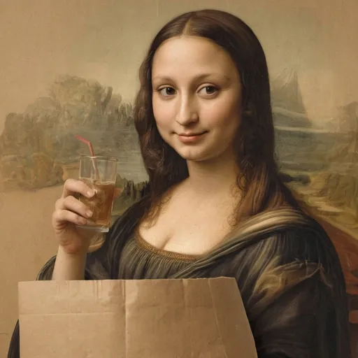 Prompt: Mona Lisa smiling while sipping through a straw from a glass bottle that is in a wrinkled brown paper.