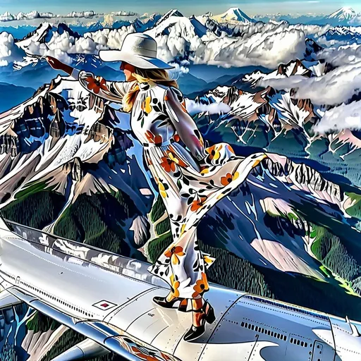 Prompt: a view of something crazy a (( 21-year-old woman in a long flower print Empire Dress with a high neck line and white hat)) is walking on top of the wing of the plane in flight, High Above Mt. Rainier


