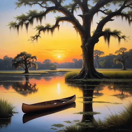 Prompt: Create a UHD, 64K, professional oil painting in the style of Carl Heinrich Bloch, blending the American Barbizon School and Flemish Baroque influences. Depict  An ancient oak tree in a Louisiana swamp covered in Spanish moss with a family of deer drinking from the water nearby, A tranquil bayou scene at sunset with a lone canoe drifting in the water and vibrant reflections of the setting sun.