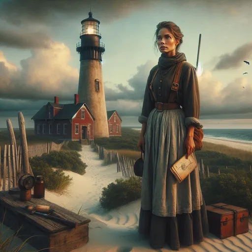 Prompt: Create a UHD, 64K professional oil painting set in the year 1870. Depict a 25-year-old woman working as a lighthouse keeper on a barrier island. She stands resolutely by the lighthouse, a strong yet serene expression on her face, embodying both determination and a deep connection to her father's legacy. The lighthouse, an imposing structure, looms behind her, its light casting a warm glow in the early morning or late evening light.

The woman is dressed in period-appropriate attire, with practical, slightly worn clothing suited to the harsh, salty environment. The scene includes elements that hint at her father's long tenure: perhaps an old, weathered journal or tools once used by him. Surrounding the lighthouse, the rugged beauty of the barrier island is evident, with sand dunes, hardy vegetation, and the restless sea in the background.

Incorporate a sense of history and continuity in the painting, perhaps through subtle details like a faded photograph of her father within her living quarters or the lighthouse’s interior. The overall atmosphere should evoke both the isolation and the profound sense of duty associated with lighthouse keeping, highlighting the woman's resilience and the enduring legacy of her family.