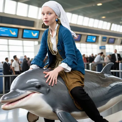 Prompt: "the girl with the pearl earring" riding a    dolphin  in  an airport