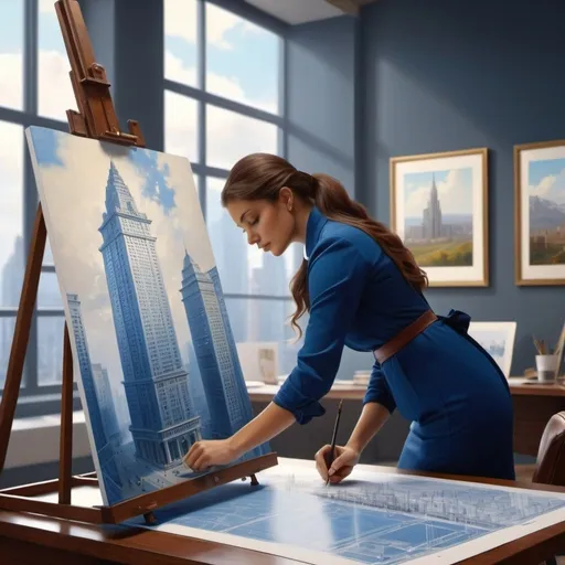 Prompt: painting of a woman drawing a blueprint as she is working as  an architect designing a skyscraper in an office , 
Albert Bierstadt,
precisionism, 
giantess art, 
a realistic painting.
 UHD, 64K