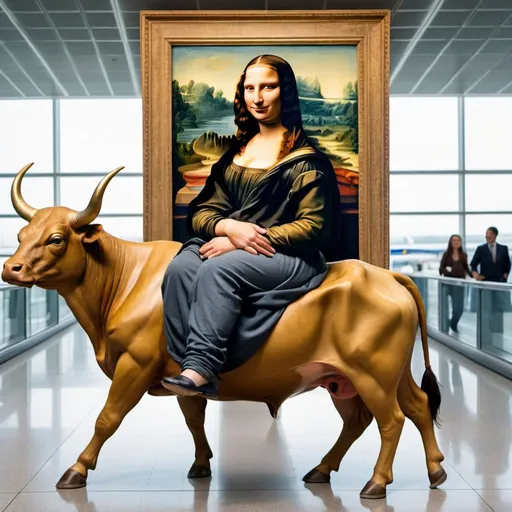 Prompt: Mona Lisa  riding a bull  in  an airport