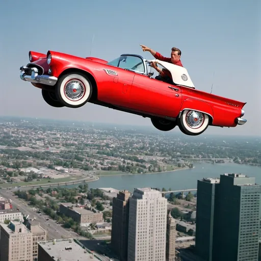 Prompt: a man  in a flying red ford 1957 thunderbird flying over a city,  photo
