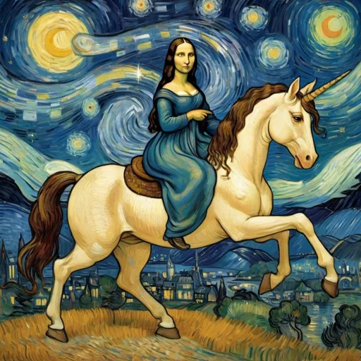 Prompt: Mona Lisa riding an unicorn in  "The Starry Night" by Vincent van Gogh