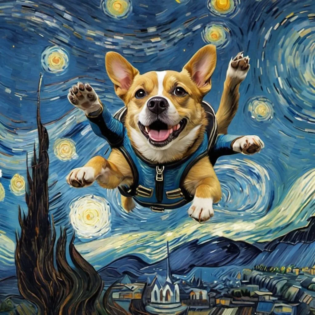 Prompt: a dog skydiving  in "The Starry Night" by Vincent van Gogh