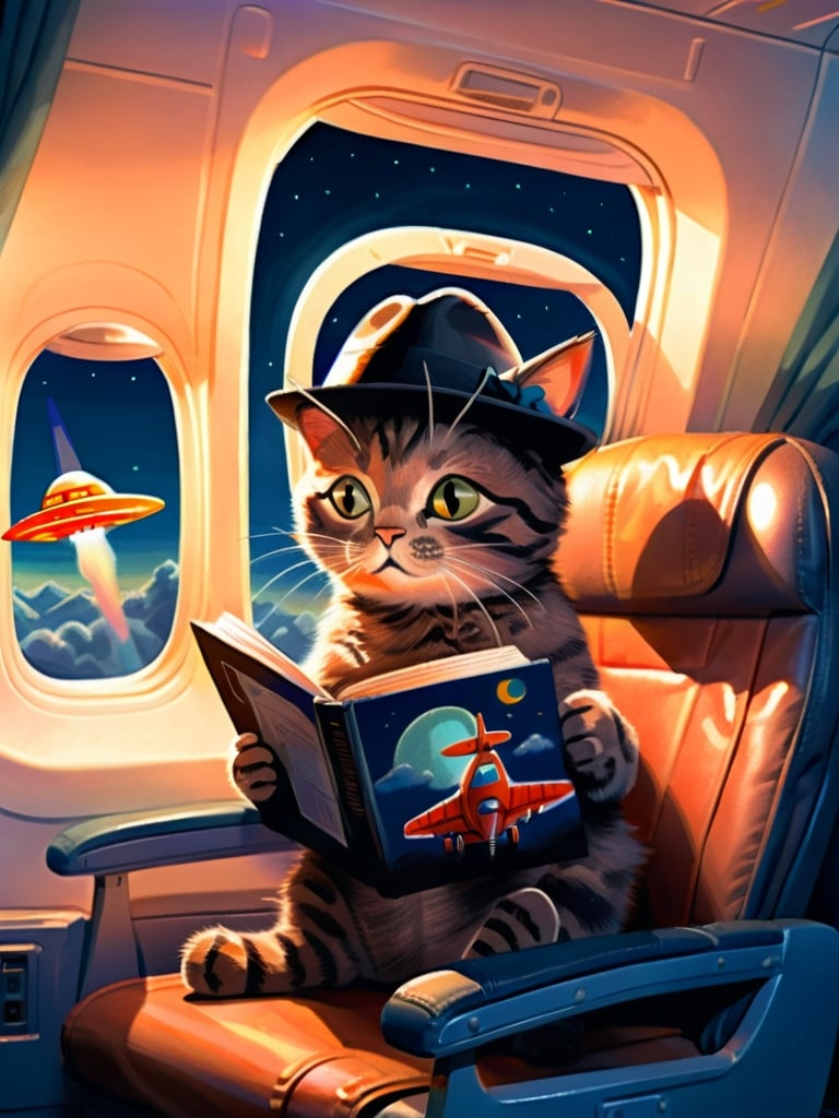 Prompt: a  anthropomorphic Tortoiseshell  cat sitting on an airplane seat with a hat on his head and a attacking UFO in the night shy in the background with a window, Annie Leibovitz, precisionism, promotional image, an art deco painting