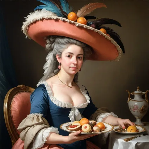 Prompt: a painting of a woman in a hat holding a plate of food and a feathered hat on her head, Élisabeth Vigée Le Brun, rococo, painting, a painting