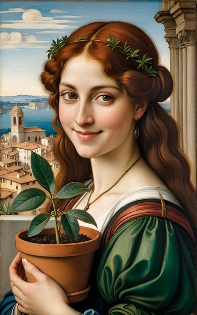 Prompt: a painting of a woman holding a potted plant in her hand and smiling at the camera with a city in the background, Fra Bartolomeo, pre-raphaelitism, renaissance oil painting, a painting