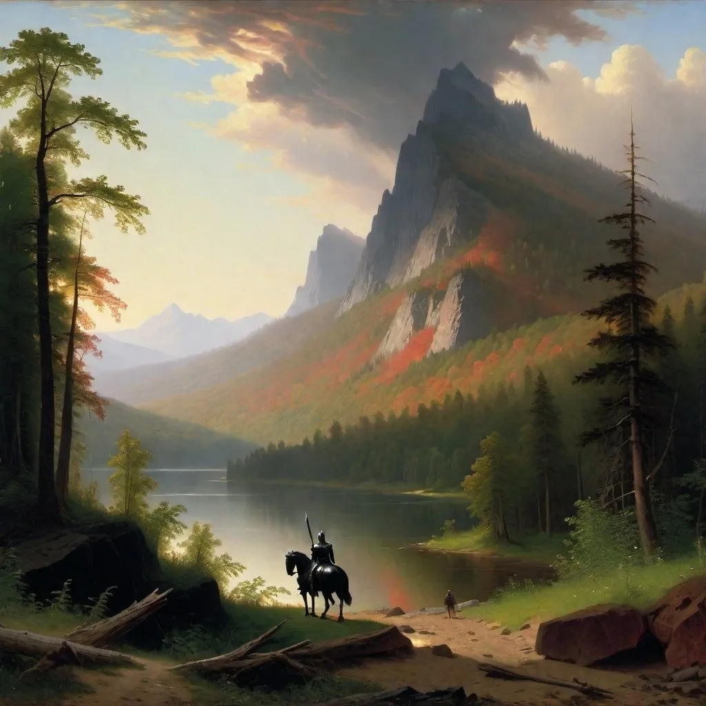 Prompt: a painting of a mountain with a black knight walking towards the mountain in the foreground and a forest in the background, Albert Bierstadt, hudson river school, matte painting, a matte painting