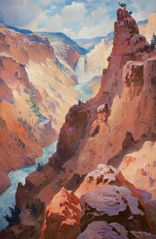 Prompt: Create a UHD, 64K, professional oil painting  the style of  William Robinson Leigh, academic style, of the Grand Canyon of the Yellowstone , 