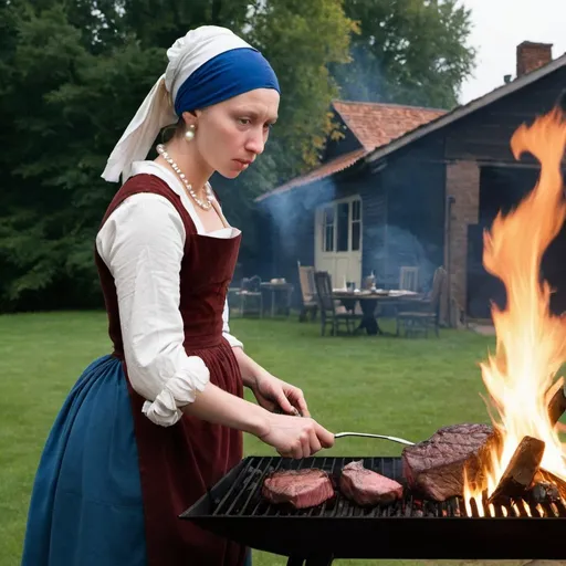 Prompt: "the girl with the pearl earring" grilling a steak over fire