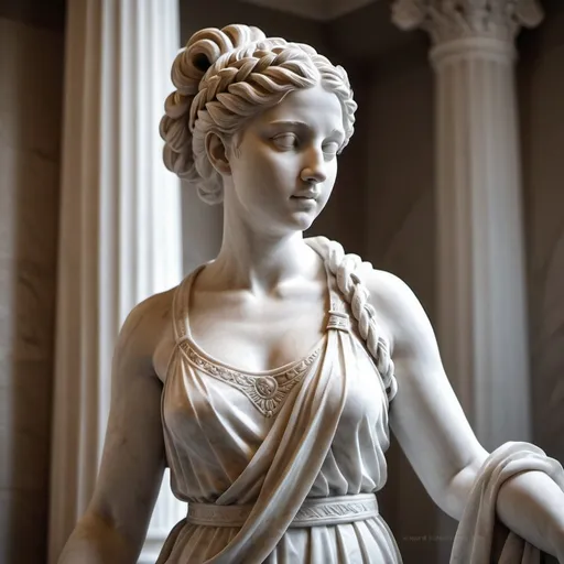 Prompt: Marble statue of beautiful 25-year-old woman, long hair in a French braid, toga, high quality, classical sculpture, ancient Greek, detailed features, white marble, elegant pose, graceful, soft lighting, traditional, historical, realistic details, classical art, serene expression, lifelike, smooth curves, goddess-like, ancient beauty, classical, sophisticated, traditional sculpture, elegant, natural lighting