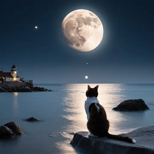 Prompt: A cat knocking the the Moon into the sea.