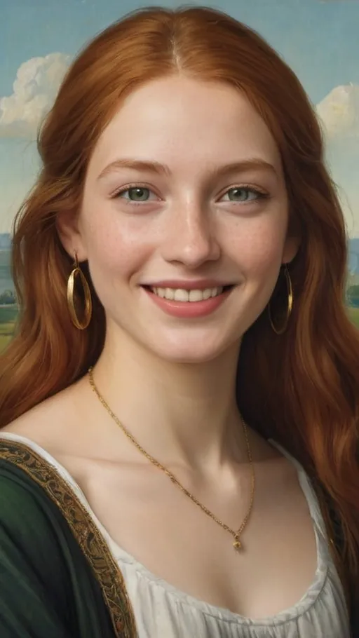 Prompt: a half-length portrait painting  of 20 year-old woman cover with dark freckle green eyes  long ginger hair red lipstick  on a smile on her face, "happy-face-gold-earrings",  T-shirt, with a green background and a blue sky, Fra Bartolomeo, academic art, renaissance oil painting, a painting in the style of  Mona Lisa