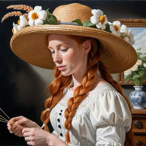 Prompt: a painting of a weaving a straw hat, the woman as  long ginger hair ginger in a French braid with a white hat dress in a  cotton flower print Empire Dress with a high neck line, Alson S. Clark, academic art, extremely detailed oil painting, a hyperrealistic painting