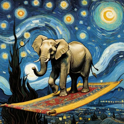 Prompt: A Elephant  flying on a "magic carpet" in "The Starry Night" by Vincent van Gogh